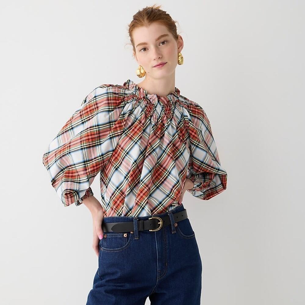 J.Crew Tartan Plaid Smocked Neck Popover Blouse Sz.XS